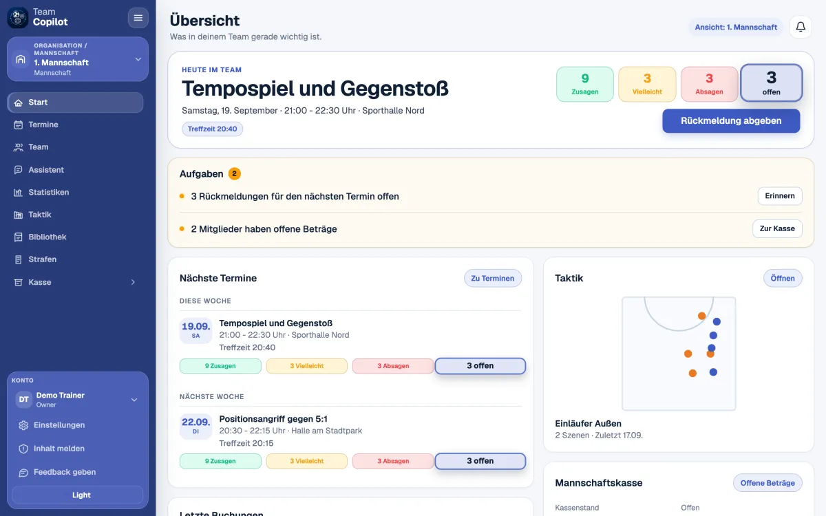 Übersicht der App: nächstes Training mit 9 Zusagen, 3 Vielleicht, 3 Absagen und 3 offenen Rückmeldungen, Aufgaben, nächste Termine und Taktik