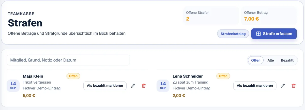Fines: 2 open fines totalling €7.00, fine catalogue and “mark as paid”