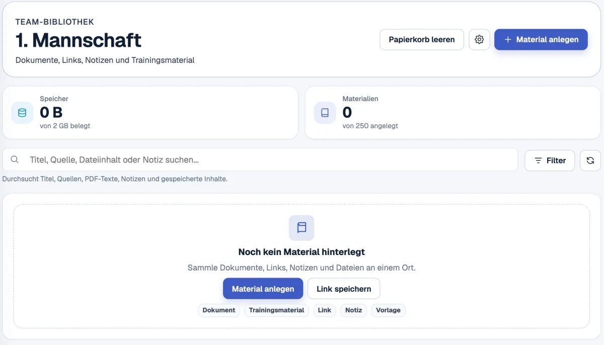 Team library with storage usage, search and adding documents, links, notes and training material