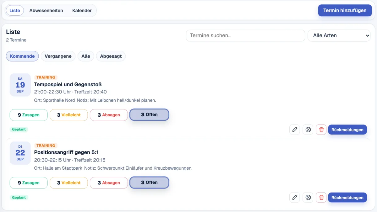 Terminliste mit zwei Trainings, Treffzeit, Ort, Notiz und den Rückmeldungen je Termin